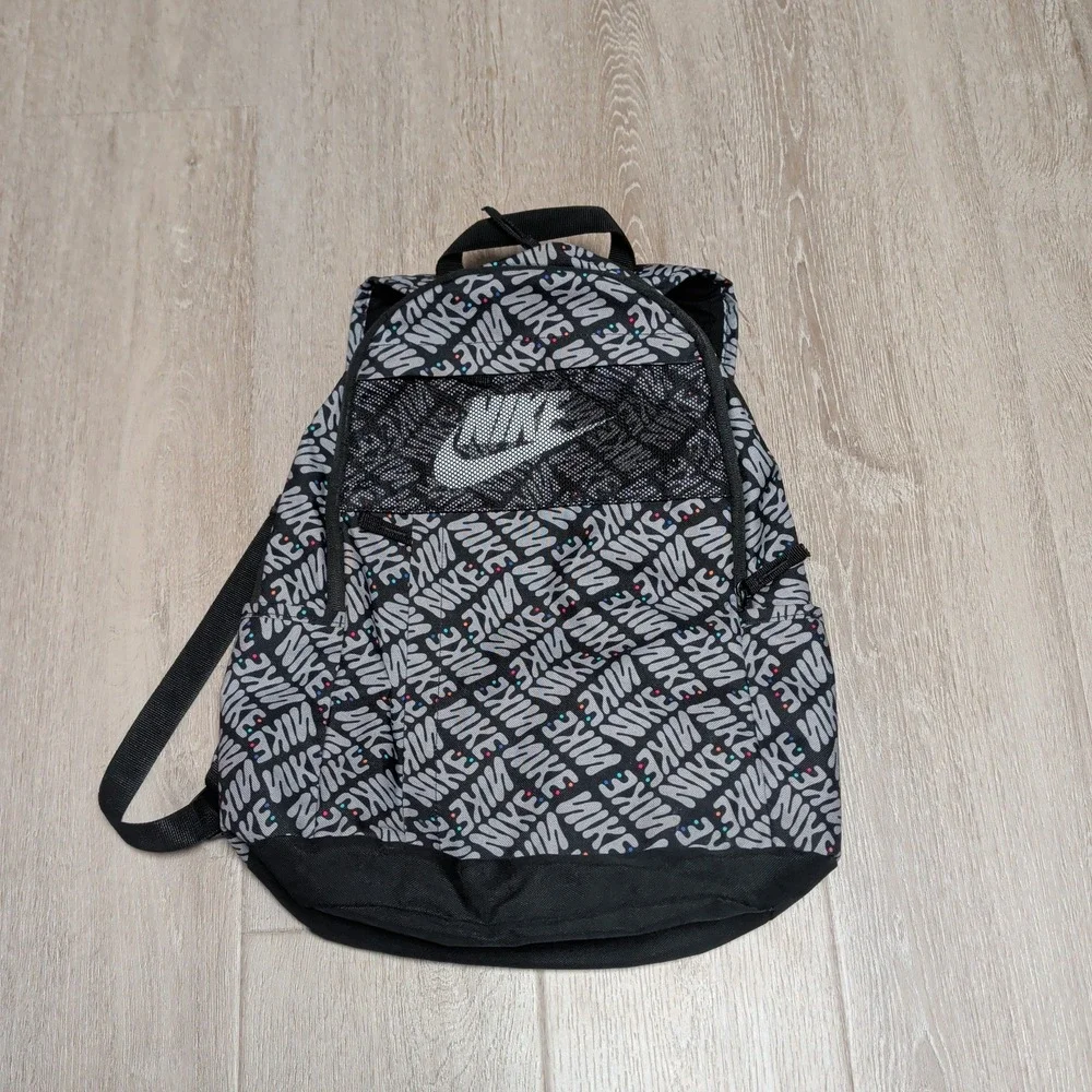 Nike Backpack Unisex OS Youth Black Grey All-Over Logo Print Elemental Bag